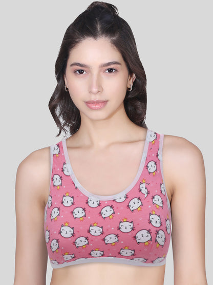 Single-Layer Broad Strap Cotton Sports Bra | Non-Padded | Kitty Print