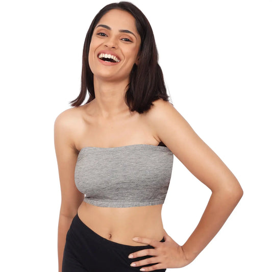 Double-Layer Cotton Strapless Bra | Non-Padded Bandeau Bra | Solid Grey