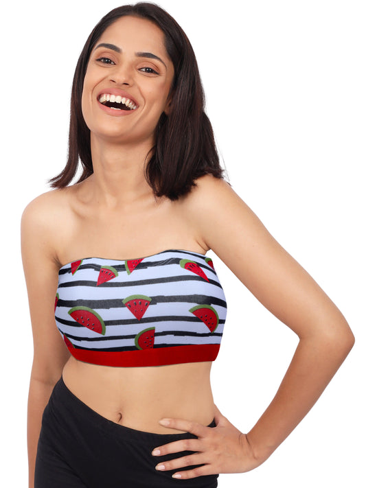 Double-Layer Cotton Strapless Bra | Non-Padded Bandeau Bra | Red Watermelon Print