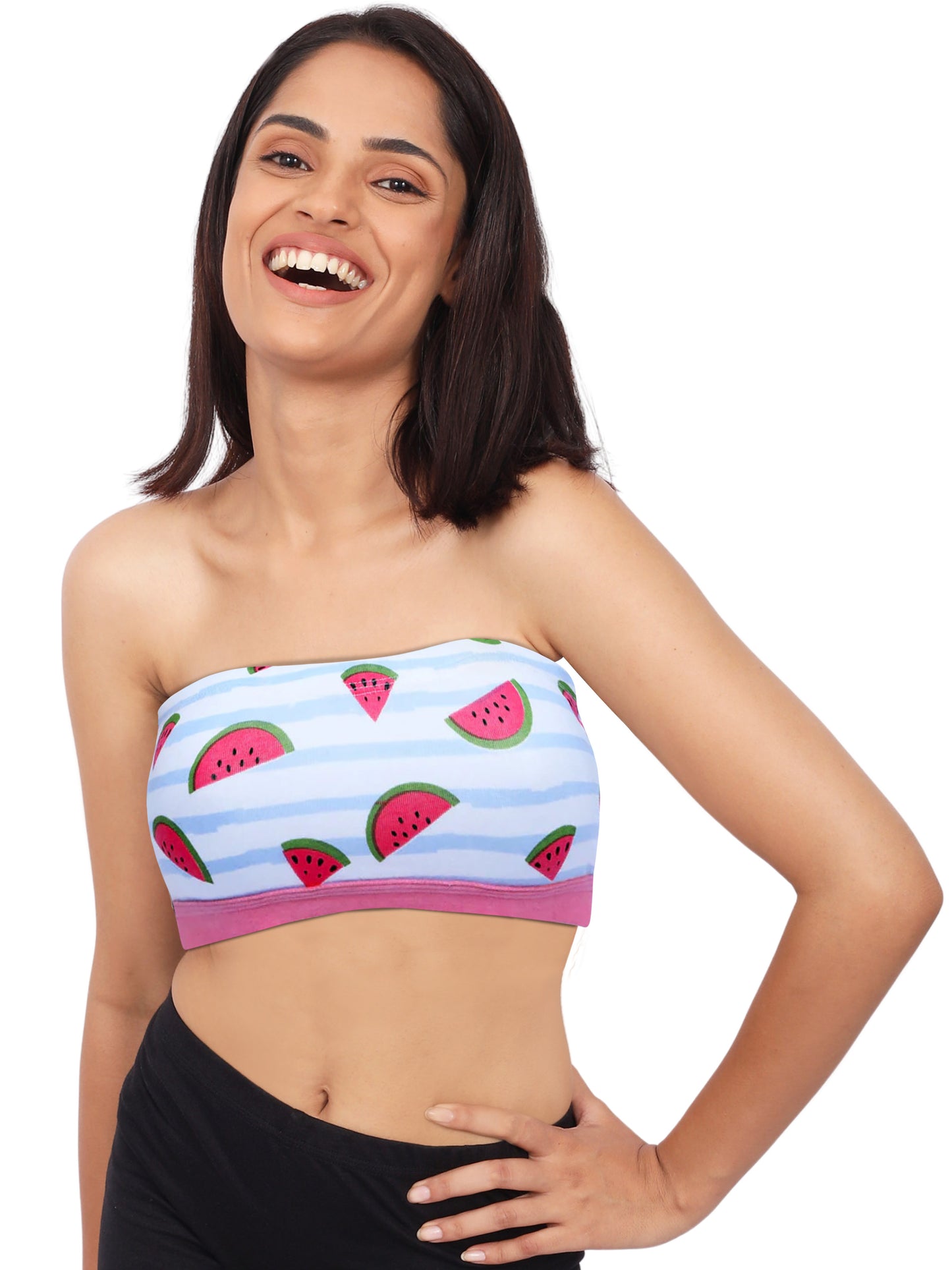 Double-layer Cotton Strapless Bra | Non Padded Bandeau | White Watermelon Print