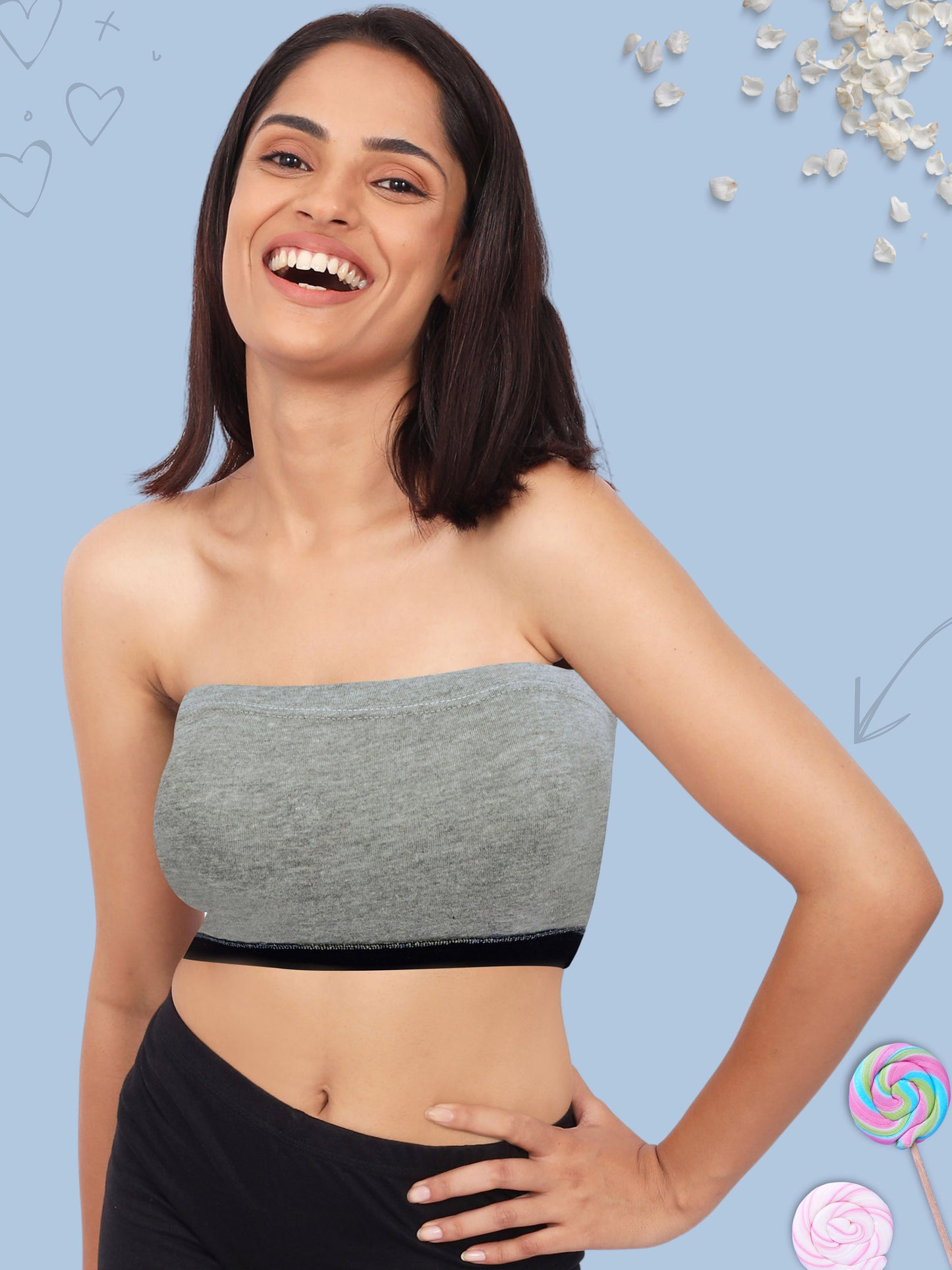 DOUBLE-LAYER COTTON STRAPLESS BRA | NON-PADDED TUBE BRA | SOLID GREY