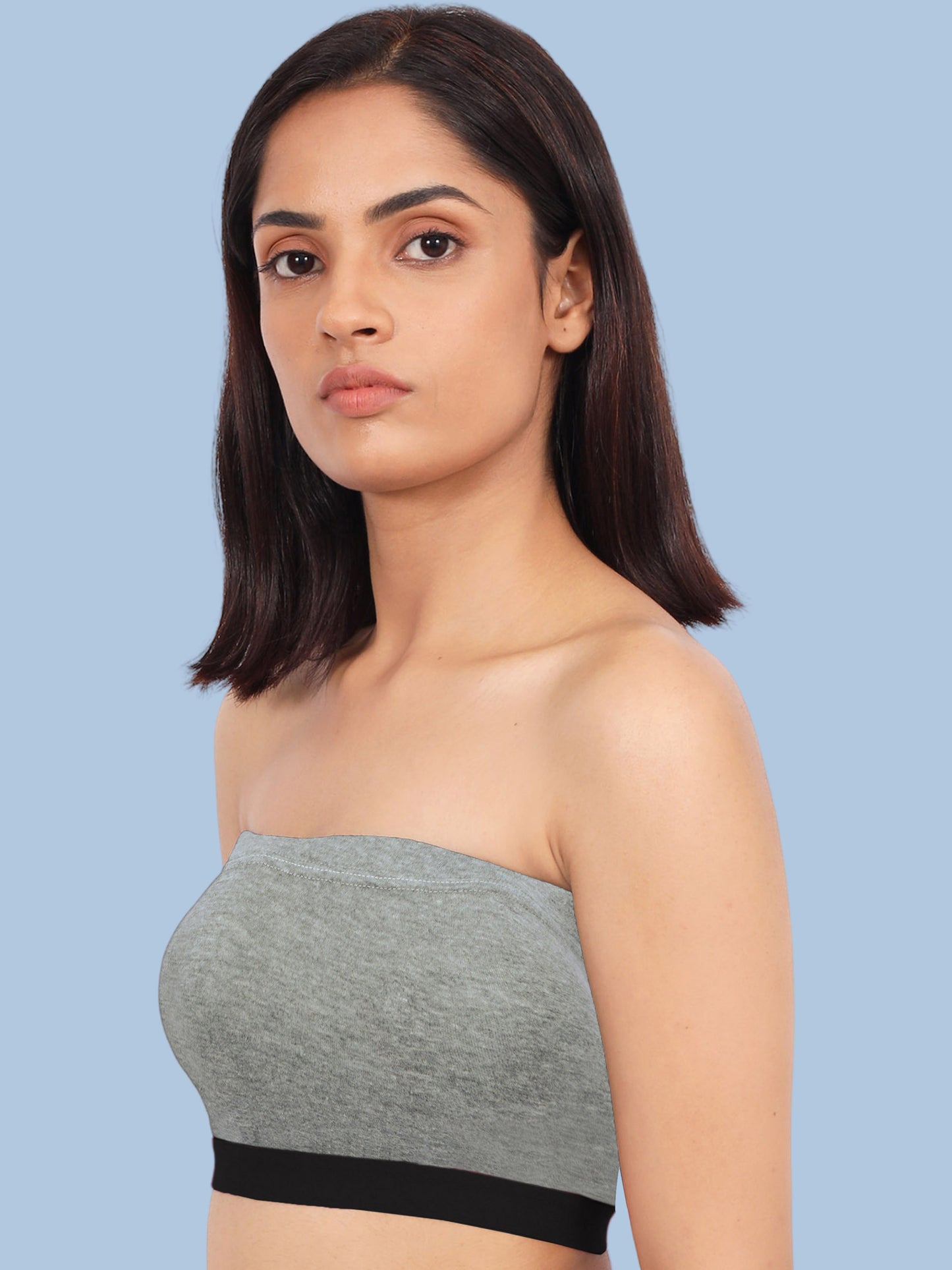 DOUBLE-LAYER COTTON STRAPLESS BRA | NON-PADDED TUBE BRA | SOLID GREY