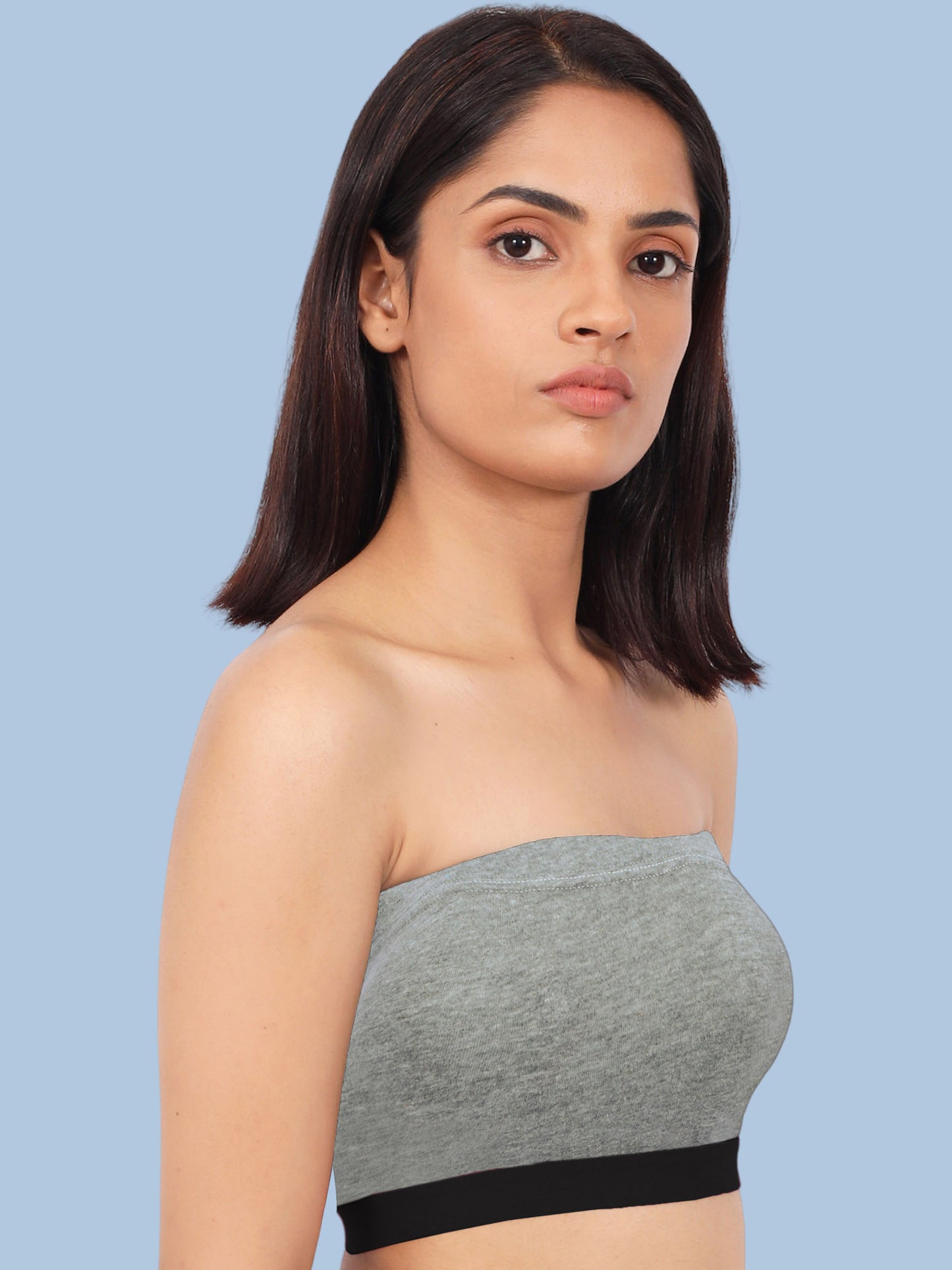 DOUBLE-LAYER COTTON STRAPLESS BRA | NON-PADDED TUBE BRA | SOLID GREY