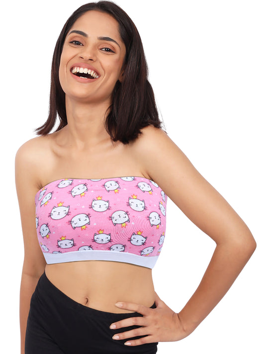 DOUBLE-LAYER COTTON STRAPLESS BRA | NON-PADDED TUBE BRA | KITTY PRINT