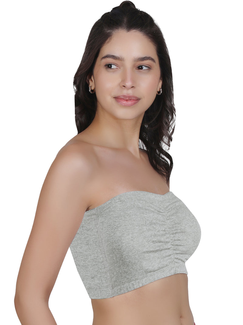 D'chica Cotton Strapless Tube Bra for Women| Bandeau Bra with Removable Pads |Gray Tube Top with Adjustable Nylon Elastane Straps - Pack of 3