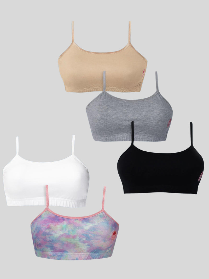 Double-layer Thin Strap Cotton Supportive Sports Bra For Women | Non Padded Bra | Tie & Dye Print & Solid Bra Pack of 5