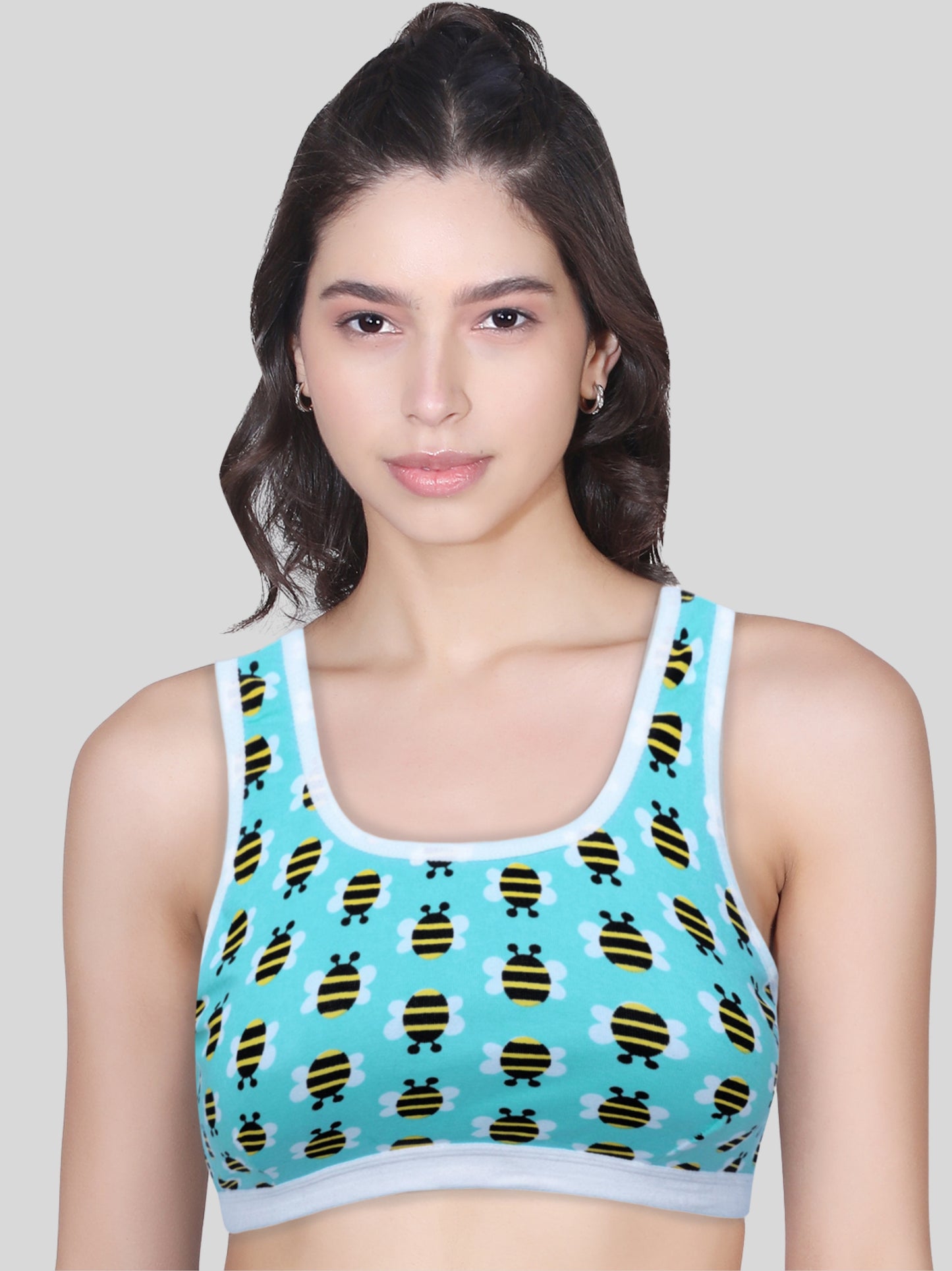 Single-Layer Broad Strap Cotton Workout Bra | Non-Padded | Bee Printed Bra