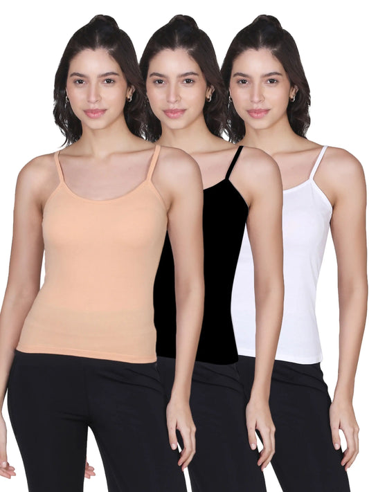 D'chica Skin,White & Black Basic Cotton Camisole for Women Pack of 3, Soft, Sleeveless, Lightweight, and Perfect for Everyday Wear