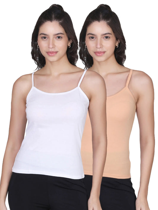 D'chica White & Skin Basic Cotton Camisole for Women Pack of 2, Soft, Sleeveless, Lightweight, and Perfect for Everyday Wear