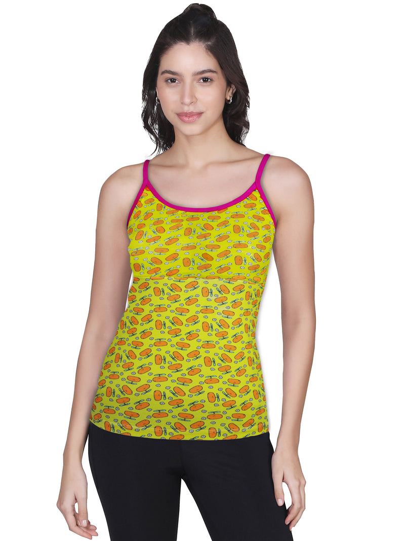 Adjustable Strap Yellow Printed High Coverage Cotton Padded Camisole Bra