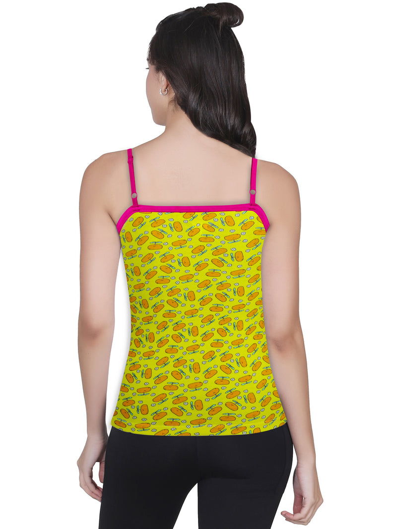 Adjustable Strap Yellow Printed High Coverage Cotton Padded Camisole Bra