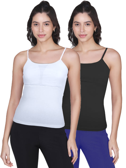 White & Black High Coverage Cotton Camisole Bra with Adjustable Straps Pack-of-2