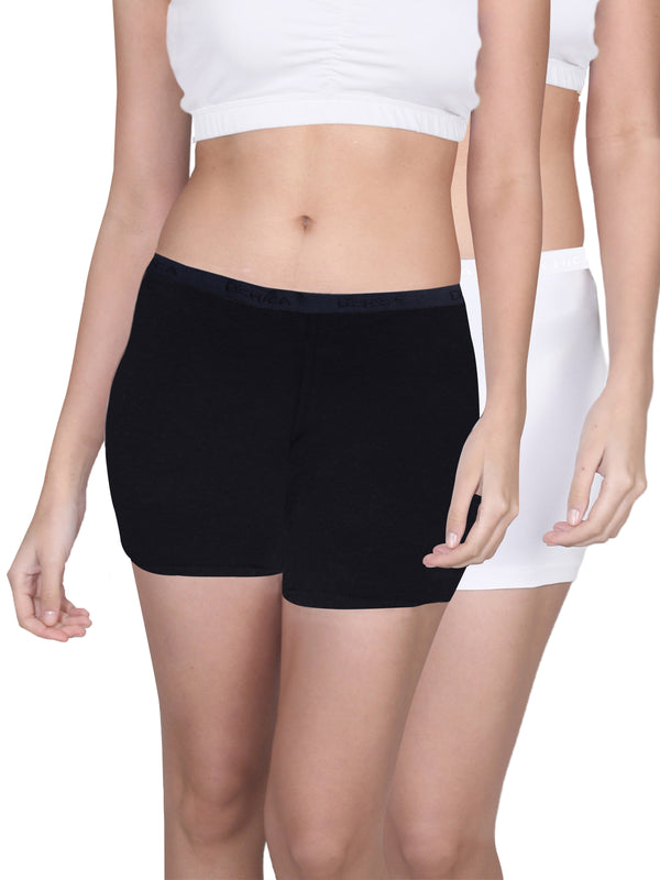 High Waist Long Panties for Women With Full Coverage | No Side Seams | Black & White Boyshorts Pack of 2