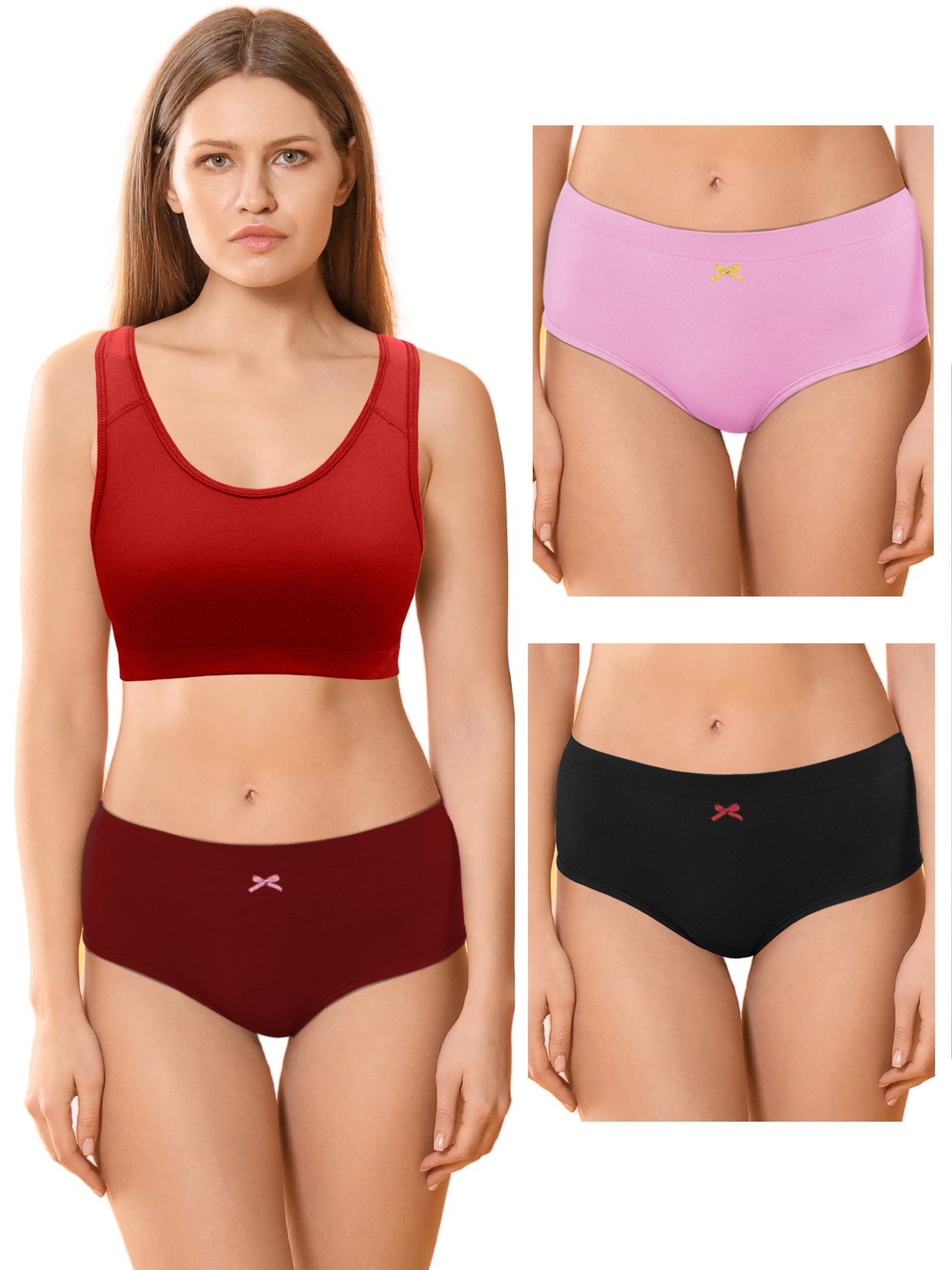 Cotton Hipster Briefs For Women | Breathable | Elasticated Waistband | Pink, Maroon & Black Solid Panties Pack Of 3