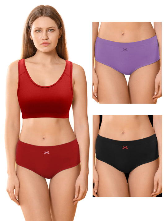 Cotton Hipster Briefs For Women | Breathable | Elasticated Waistband | Red, Purple & Black Solid Panties Pack Of 3