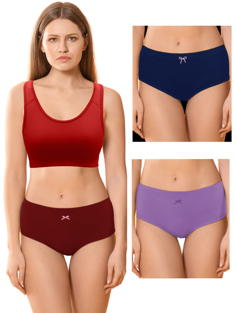 Cotton Hipster Briefs For Women | Breathable | Elasticated Waistband | Blue, Purple & Maroon Solid Panties Pack Of 3