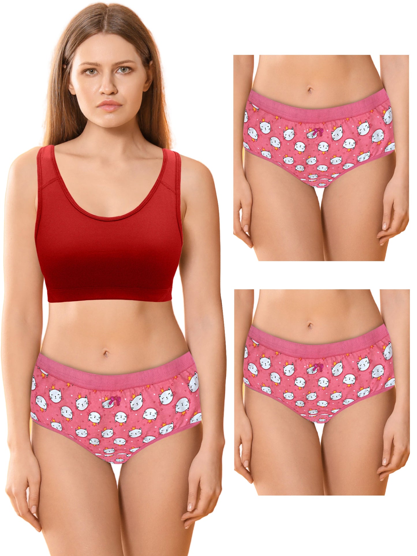 Cotton Hipster Briefs For Women | Breathable | Elasticated Waistband | Pink Cat Panties Pack Of 3