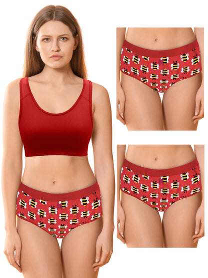 Cotton Hipster Briefs For Women | Breathable | Elasticated Waistband | Red Honey bee Printed Panties Pack Of 3