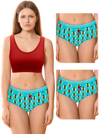 Cotton Hipster Briefs For Women | Breathable | Elasticated Waistband |  Blue Bee Printed Panties Pack Of 3