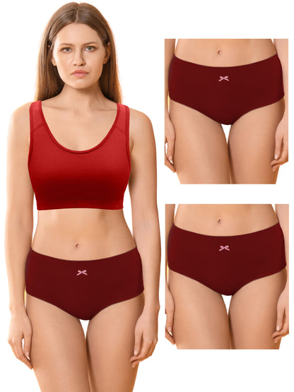 Cotton Hipster Briefs For Women | Breathable | Elasticated Waistband | Maroon Solid Panties Pack Of 3