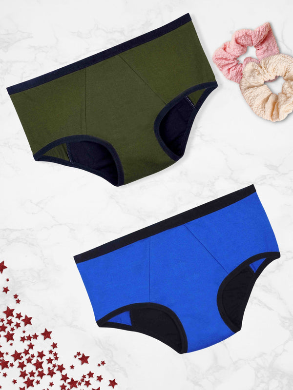 Period Panties | No Pad Needed | Rash Free | Leakproof | Reusable | Olive Green & Royal Blue Period Panty