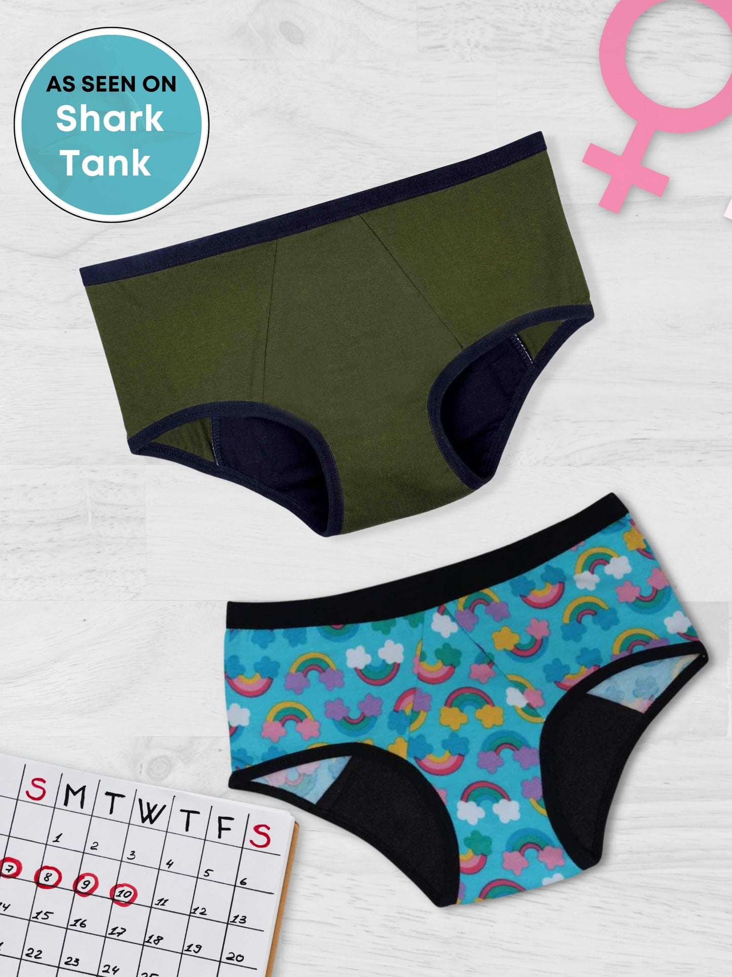 Period Panties | Leakproof & Reusable | Rainbow Print & Olive Green | Rash Free | No Pad Needed