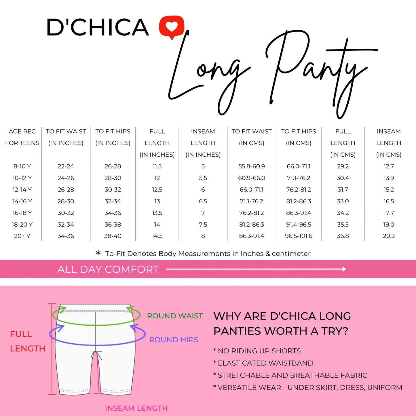 High Waist Long Panties Size Chart 