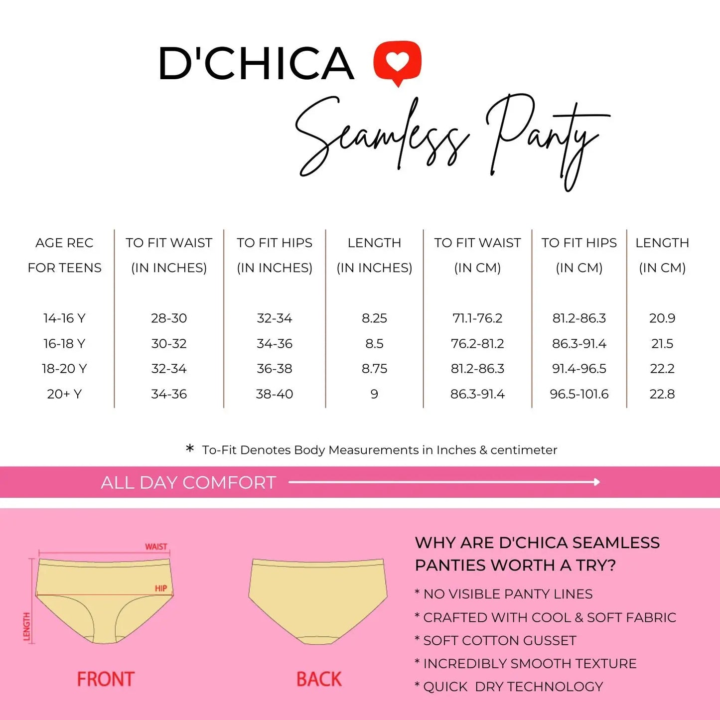 Seamless Hipster Panties size chart