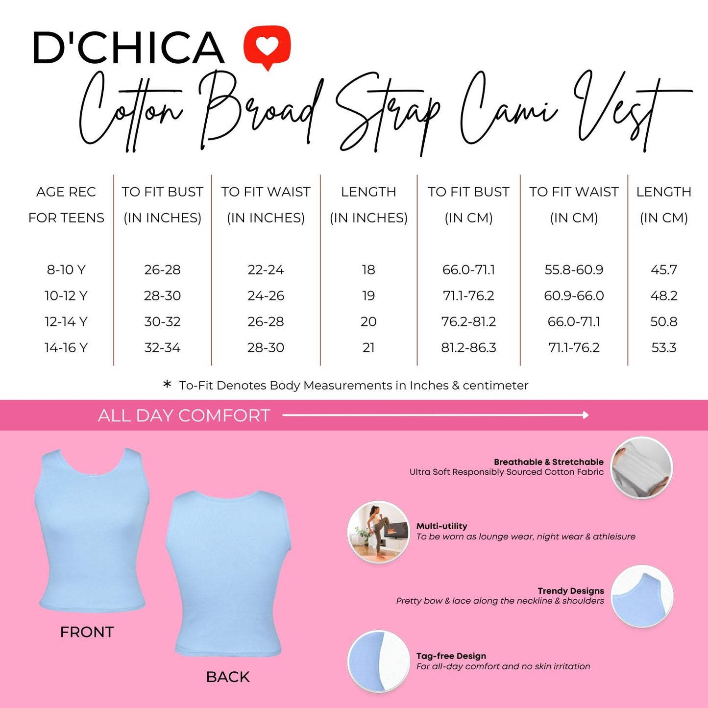 Size Chart of Camisole 