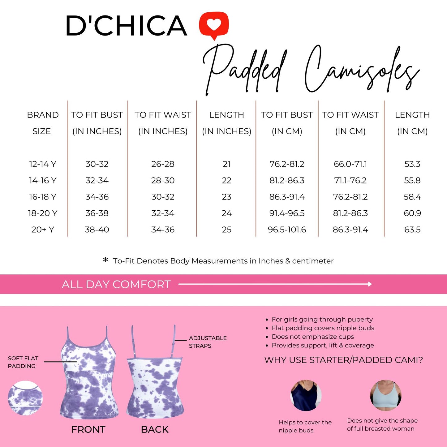 Padded camisole size chart 