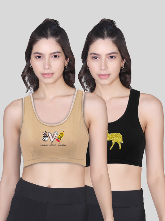 Double-Layer Broad Strap Cotton Sports Bra | Non-Padded Bra | Printed Skin & Black Bra