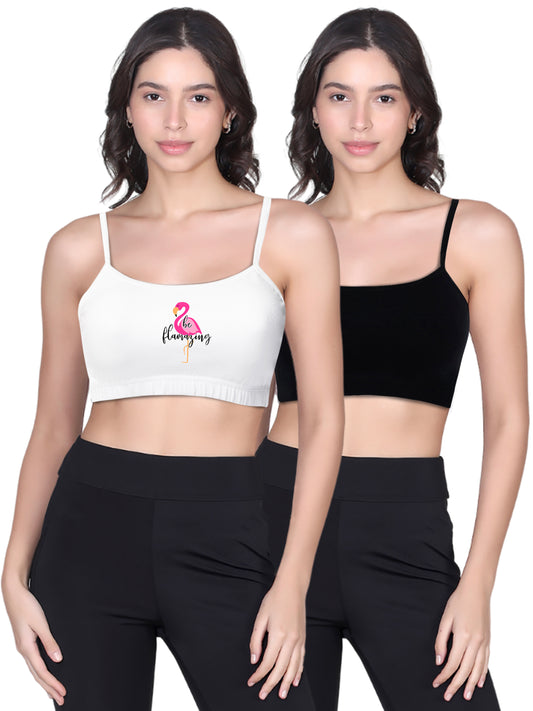 Double-Layer Thin Strap Cotton Yoga Bra | Non-Padded | Printed White & Solid Black Bra