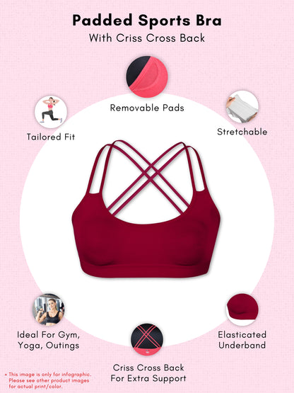 Criss Cross Back Cotton Sports Bra For Women | Removable Pads | Elasticated Underband | Good Support | Full Coverage Bra Pack Of 1 | Maroon Workout Bra - D'chica