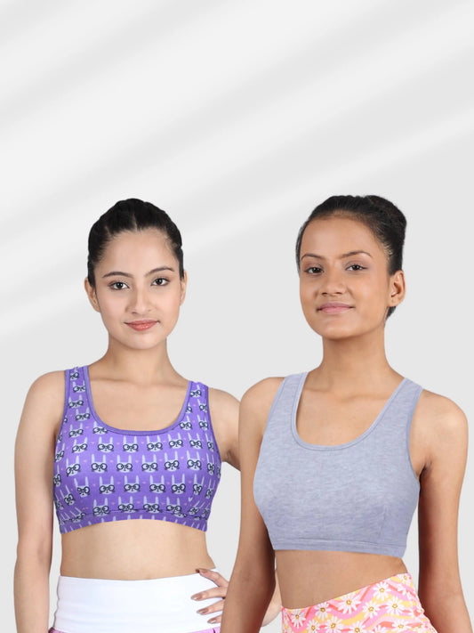 Double-Layer Broad Strap Cotton Sports Bra | Non-Padded Beginner Bra | Bunny Print & Solid Bra