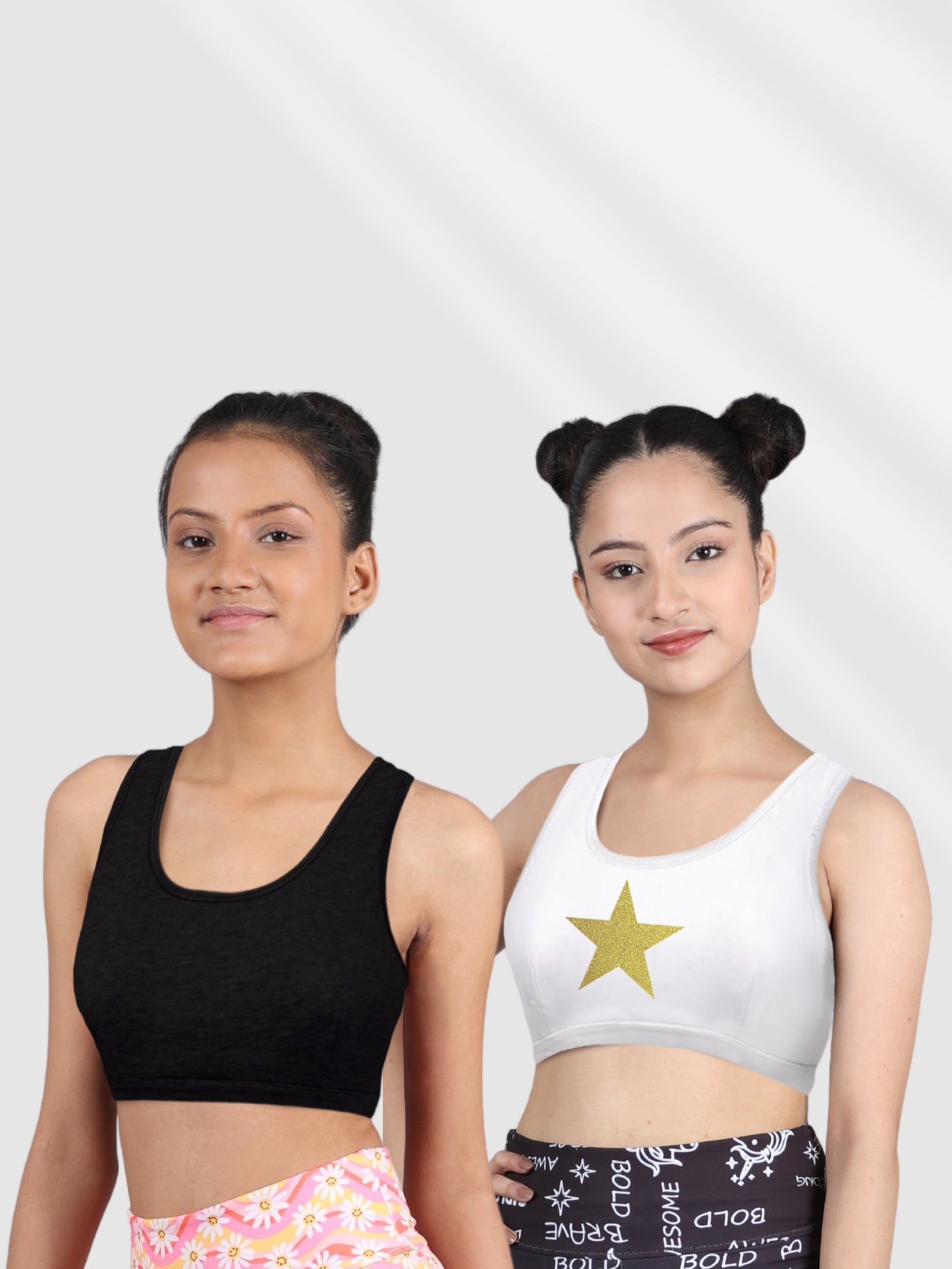 Double-Layer Broad Strap Cotton Gym Bra | Non-Padded Beginner Bra | Star Printed & Solid Bra