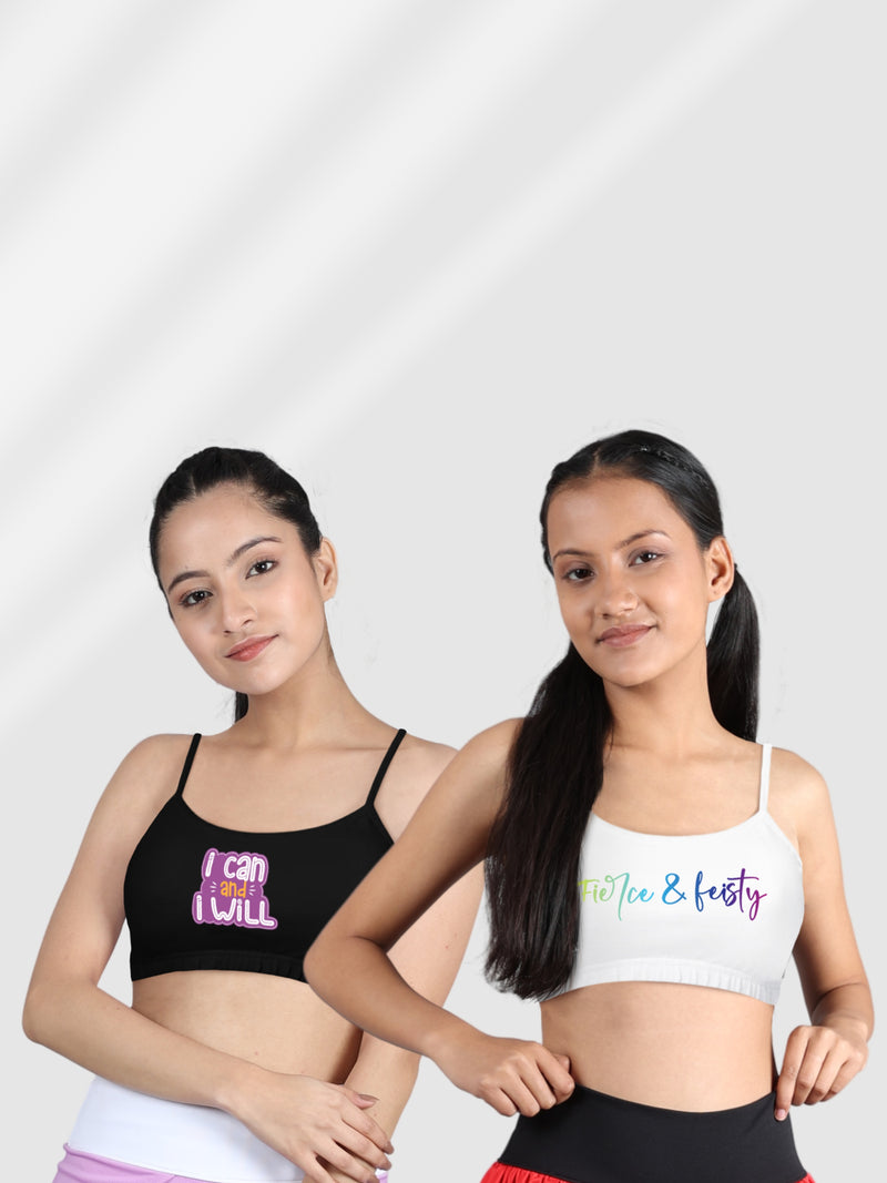 Girls Double Layered Non-Wired Non-Padded Full Coverage Racerback Beginner  Sports Bra (Pack of 2)