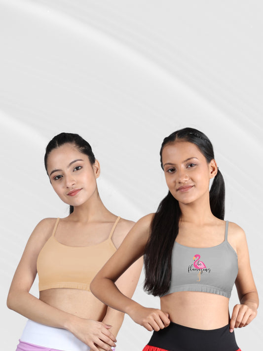 Double-Layer Thin Strap Cotton Sports Bras | Non-Padded Beginner Bra | Grey Printed & Solid Skin Bra