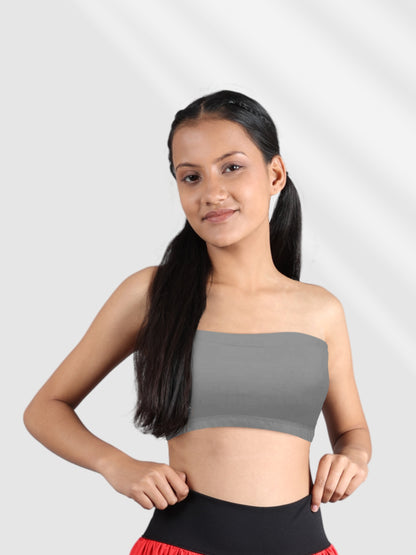 Double-Layer Cotton Strapless Bra | Non-Padded Tube Bra | Solid Grey Bra