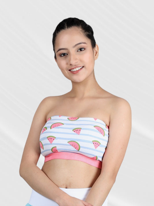 Double-Layer Cotton Tube Bras | Non-Padded Strapless Bra | White Watermelon Print Bra