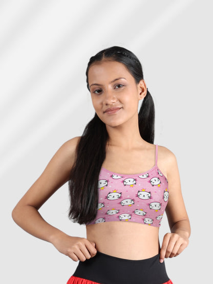 Double-Layer Thin Strap Cotton Sports Bra | Non-Padded Beginner Bra | Kitty Print Bra