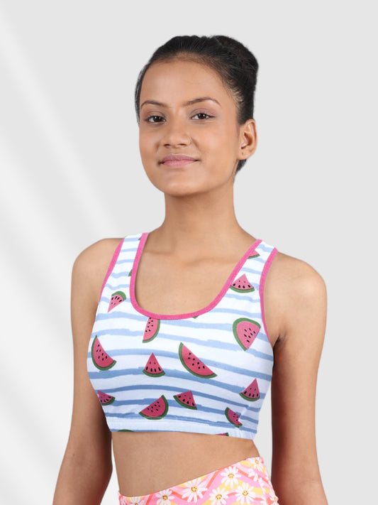 Double-Layer Broad Strap Cotton Sports Bra | Non-Padded Beginner Bra | Printed Design