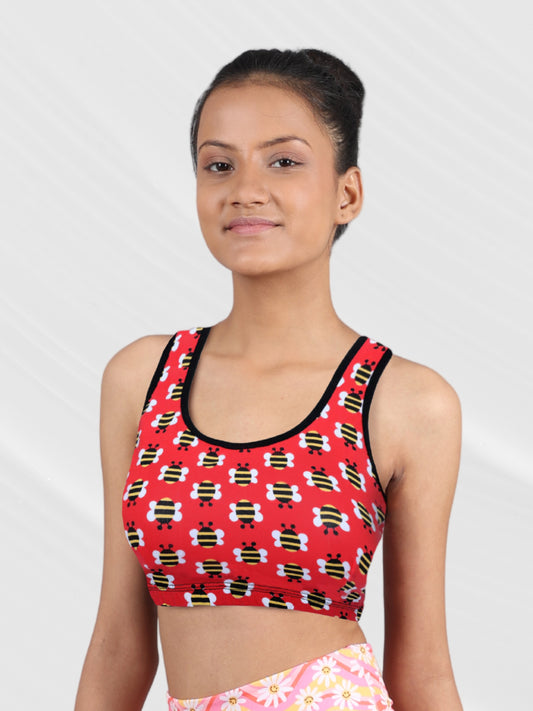 Cotton Athletic Bra with Double-Layer Broad Straps | Non-Padded Beginner Bra | Printed