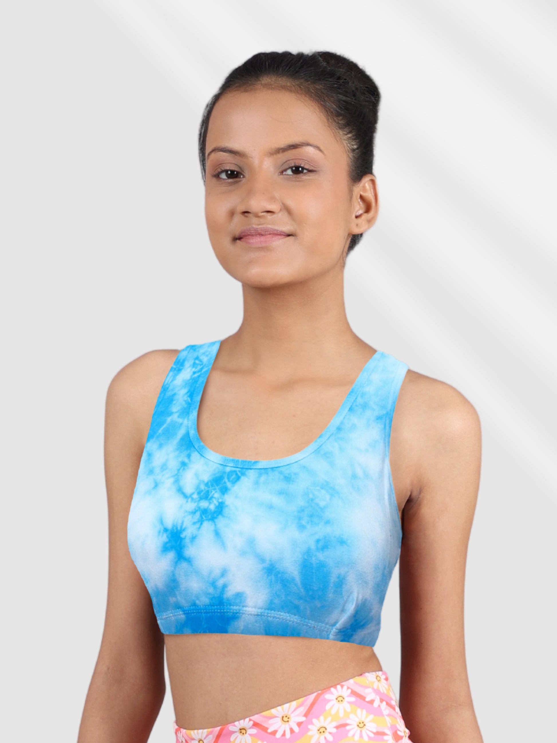 Double-layer Broad Strap Cotton Gym Bra | Non Padded Beginner Bra | Tie & Dye Print Bra