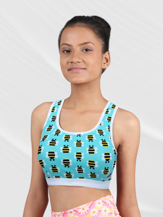 Single-Layer Broad Strap Cotton Sports Bra | Non-Padded Beginner Bra | Bee Printed Style