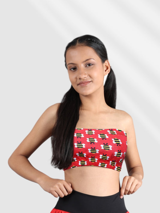 Double-layer Cotton Tube Bra | Non Padded Tube Top | Red Bee Print