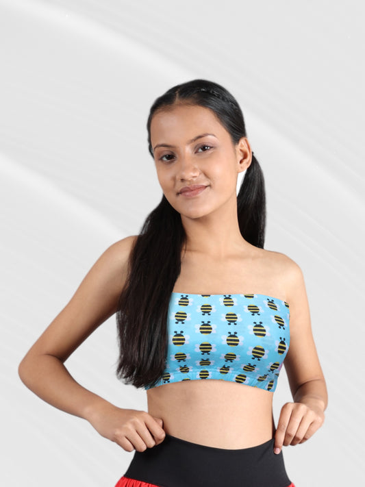 Double-Layer Cotton Tube Bra | Non-Padded Tube Top | Blue Bee Print