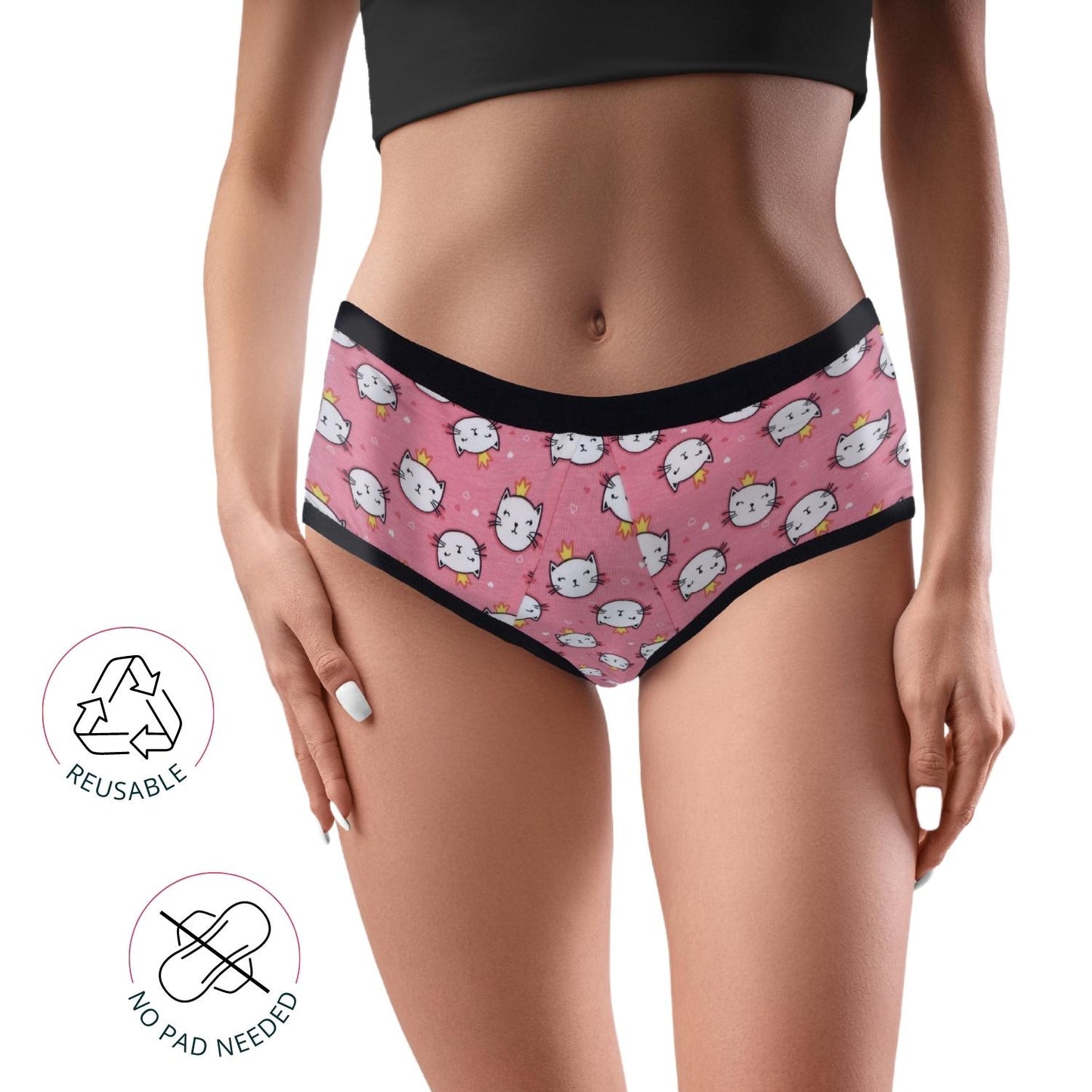 D'chica Pack of 2  Eco-friendly, Anti-Microbial Lining, Period Panties For Teenagers, No Pad Required, Grey & Kitty Print - D'chica