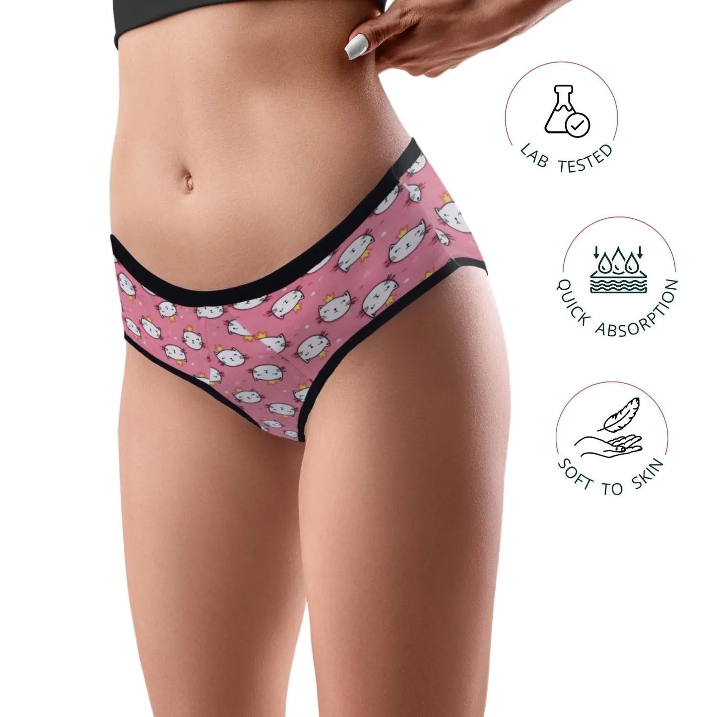 D'chica Kitty Print Eco-Friendly Anti Microbial Lining Period Panties For Girls Pink With Black Lining, No Pad Required - D'chica