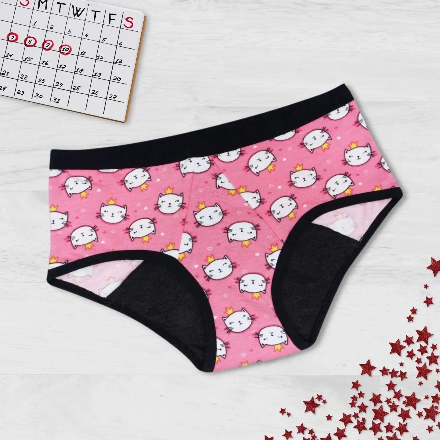 D'chica Kitty Print Eco-Friendly Anti Microbial Lining Period Panties For Girls Pink With Black Lining, No Pad Required - D'chica