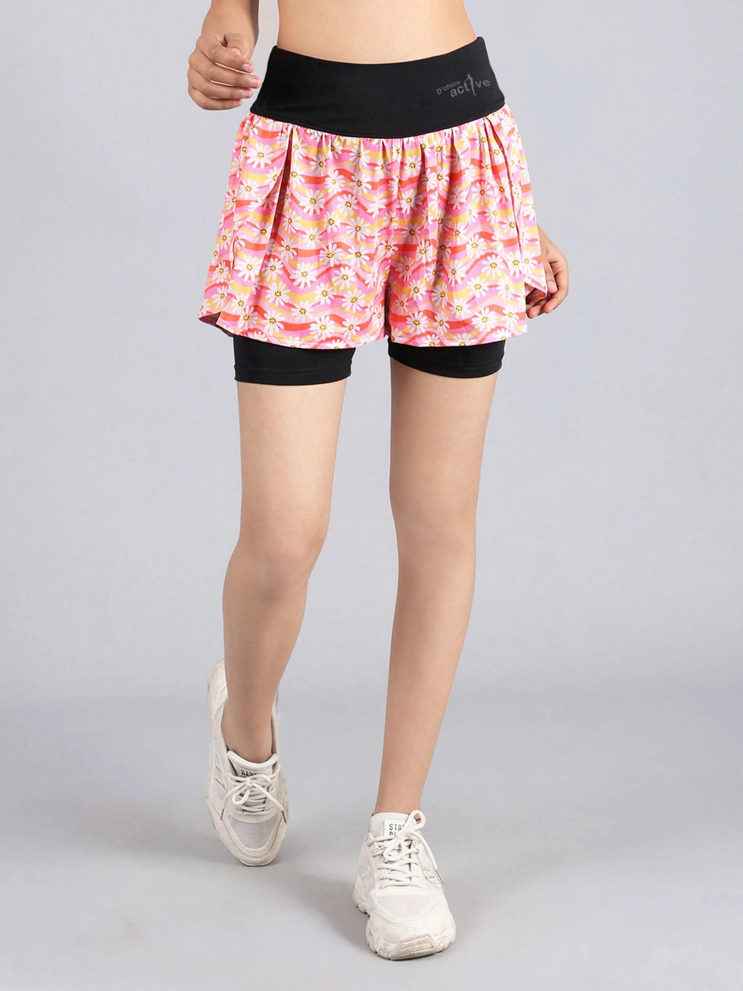 Flower Print Overlapping Shorts With Tights with Side Pocket